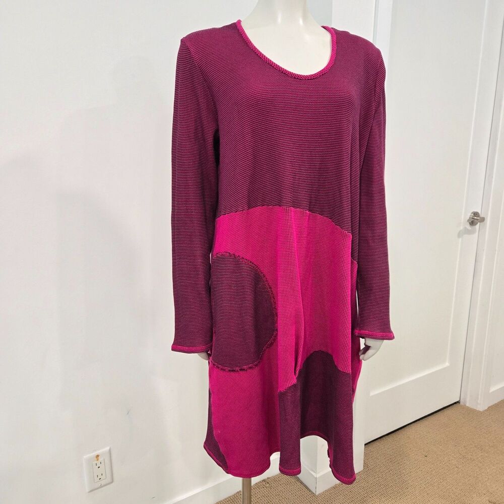 Fenini Art to Wear Size L Waffle Knit Midi Dress Stretch‎ cotton Blend Lagenlook